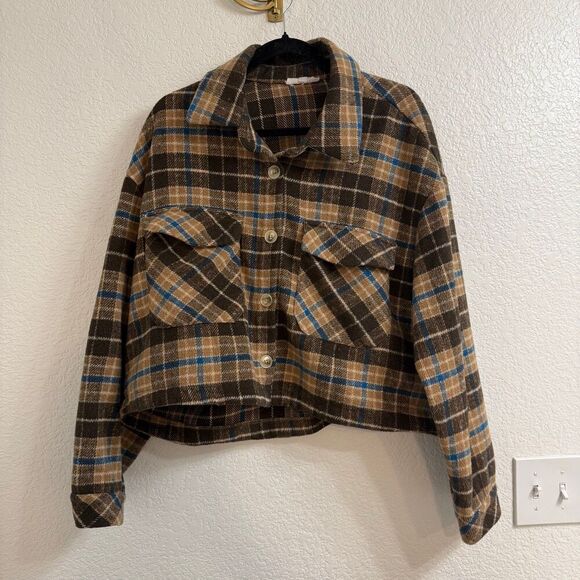 THML Cropped Plaid Brown Jacket Shacket Button Flannel- Size XL - Picture 1 of 4
